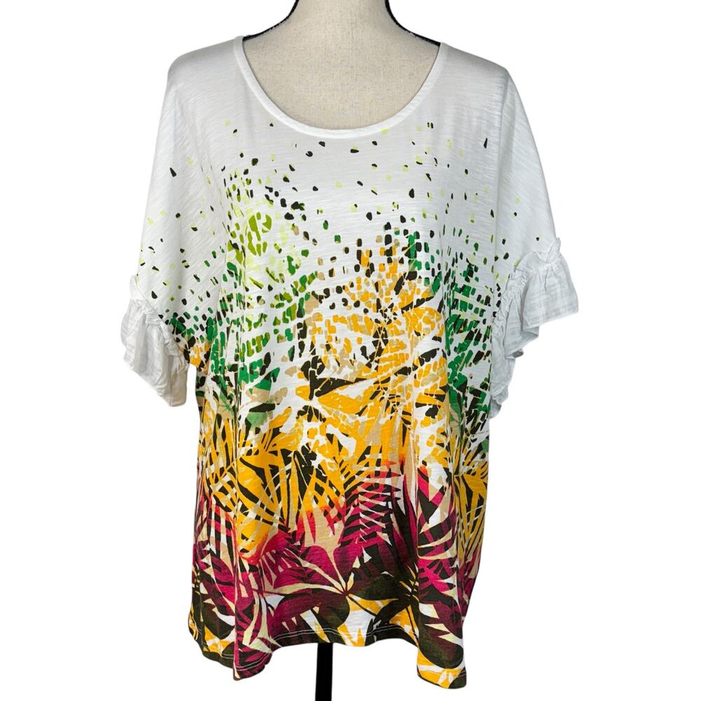 Cato SZ 22/24W Top Floral Ruffled Dolman Sleeves Stretch Burnout Fabric Island